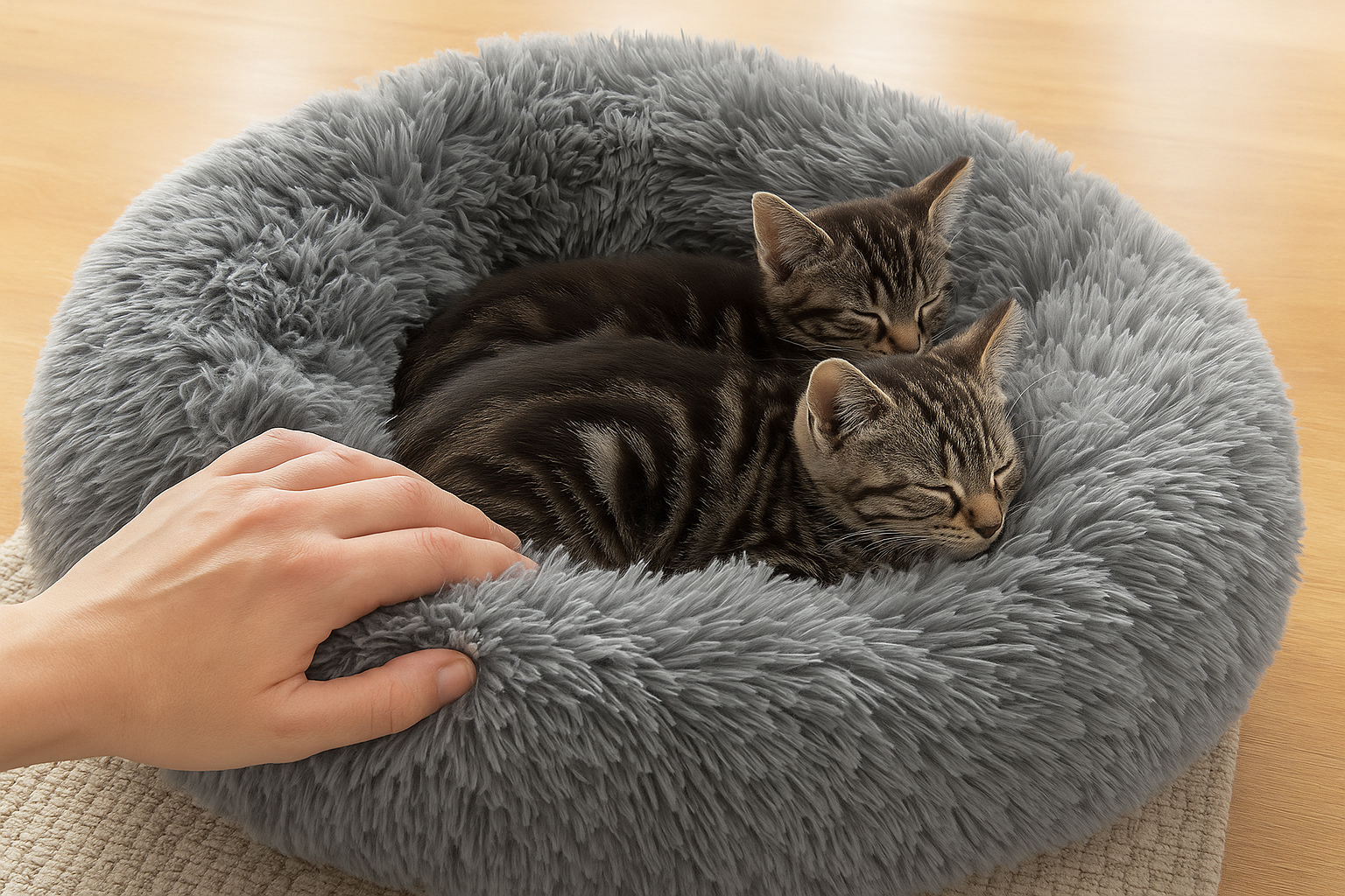 Gatitos descansando en cama ortopédica