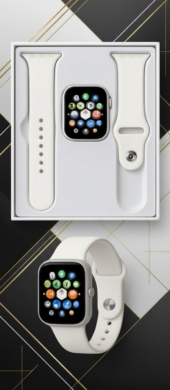 Smartwatch blanco con fondo corporativo