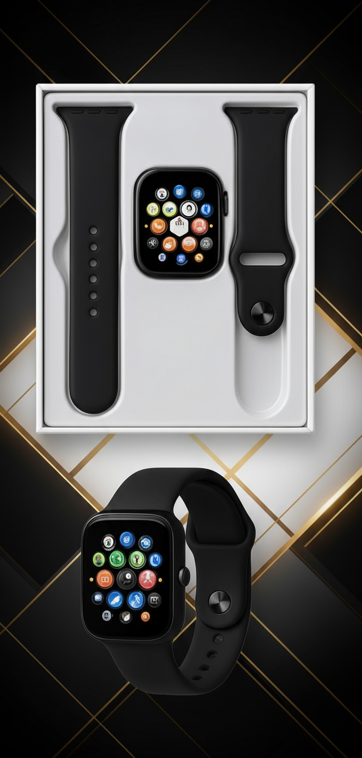 Smartwatch negro con fondo corporativo