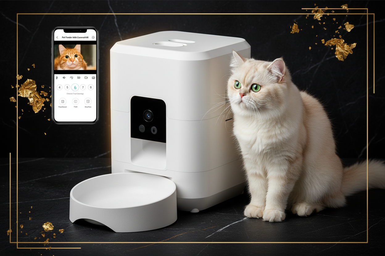 Imagen comercial Pet Feeder blanco con cámara y gato