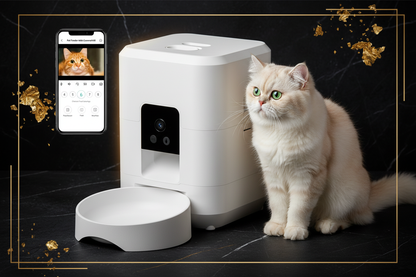 Imagen comercial Pet Feeder blanco con cámara y gato