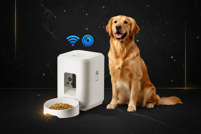 Pet Feeder blanco WiFi con perro