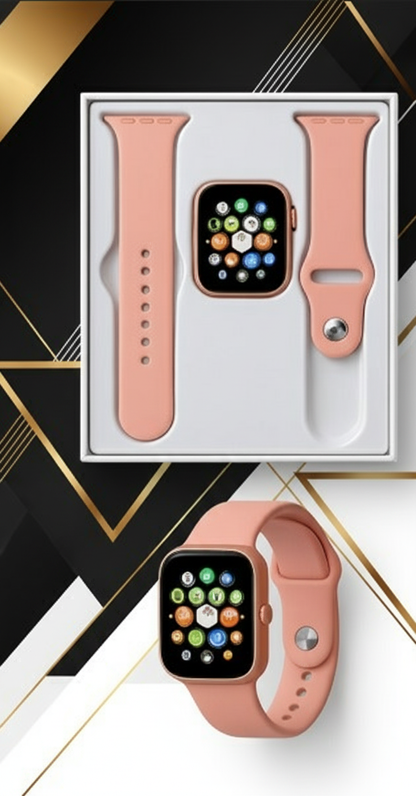 Smartwatch rosa con fondo corporativo